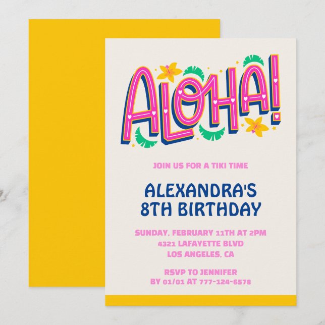 8th birthday invitations Tropical Aloha Hawaii (Front/Back)