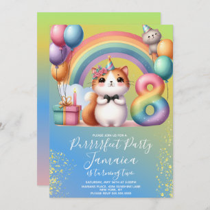 8th Birthday Kitten Rainbow Party Invitation