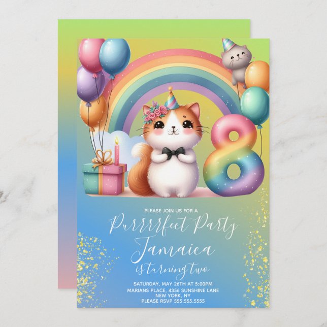 8th Birthday Kitten Rainbow Party Invitation (Front/Back)