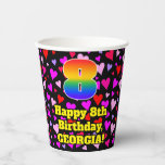 [ Thumbnail: 8th Birthday: Loving Hearts Pattern, Rainbow 8 Paper Cups ]