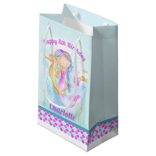 8th birthday mermaid and seahorse art custom small gift bag