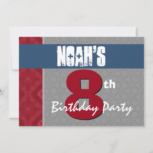 8th Birthday Modern For Him Blue Red Silver V27 Invitation (Front)