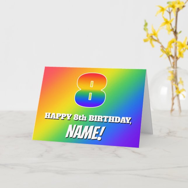 8th Birthday: Multicolored Rainbow Pattern # 8 Card (Yellow Flower)