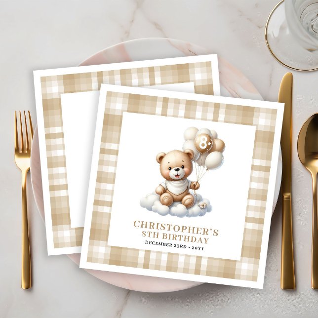 8TH Birthday Napkins Teddy Bear Gold Balloon Theme (8th Birthday Party Napkins Teddy Bear Gold Theme)