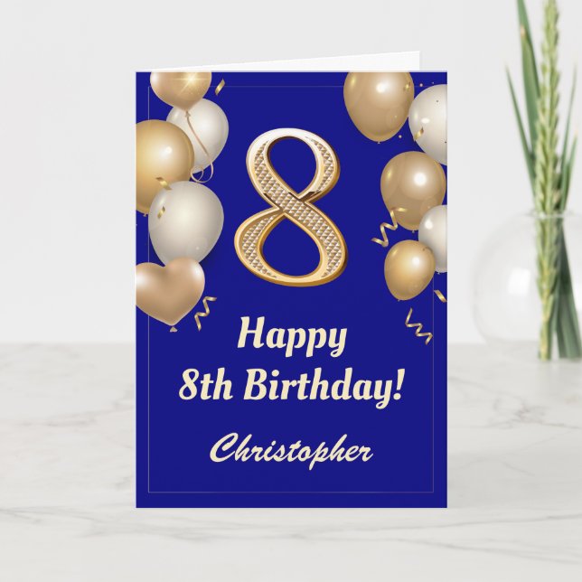 8th Birthday Navy Blue and Gold Balloons Confetti Card (Front)