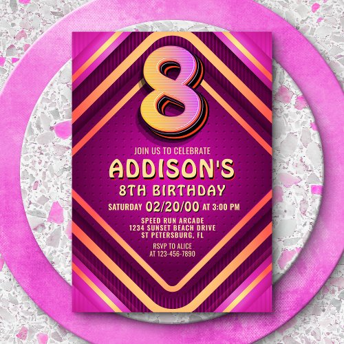 8th Birthday Neon Invitation