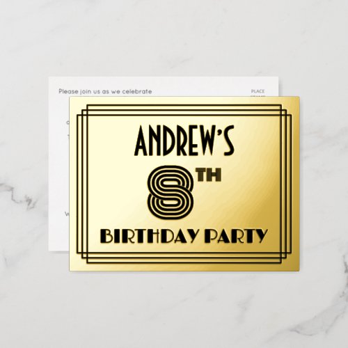 8th Birthday Party  Art Deco Style 8  Name Foil Invitation Postcard