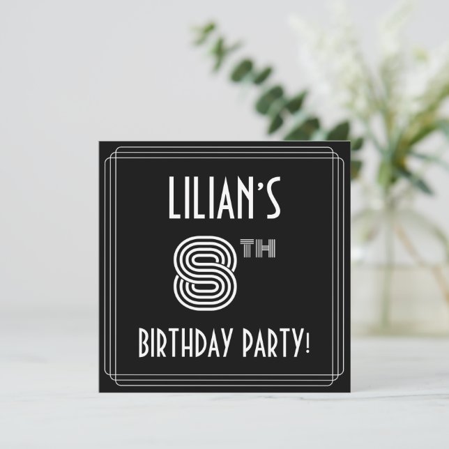 8th Birthday Party: Art Deco Style w/ Custom Name Invitation (Standing Front)