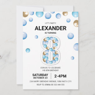 8th Birthday Party, Blue and Gold Balloon Boy Invitation