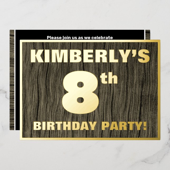 8th Birthday Party: Bold, Faux Wood Grain Pattern Foil Invitation (Front/Back)