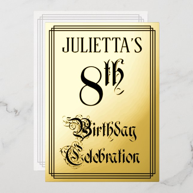 8th Birthday Party — Elegant Script + Custom Name Foil Invitation (Front/Back)