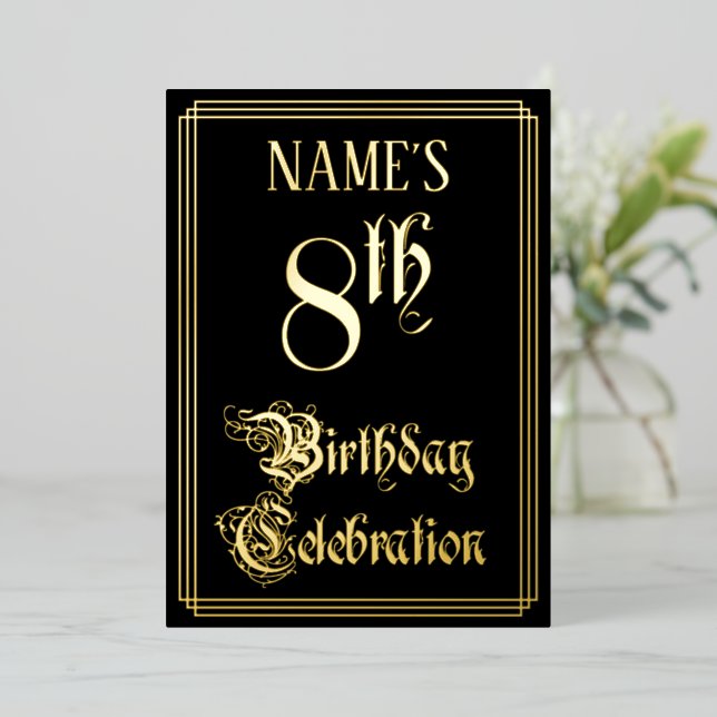 8th Birthday Party — Fancy Script & Custom Name Foil Invitation (Standing Front)