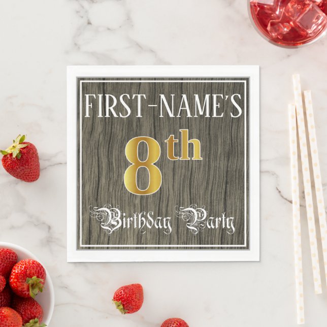 8th Birthday Party — Faux Gold & Faux Wood Looks Napkins (Insitu)