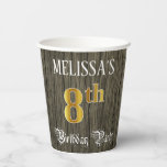 [ Thumbnail: 8th Birthday Party — Faux Gold & Faux Wood Looks Paper Cups ]
