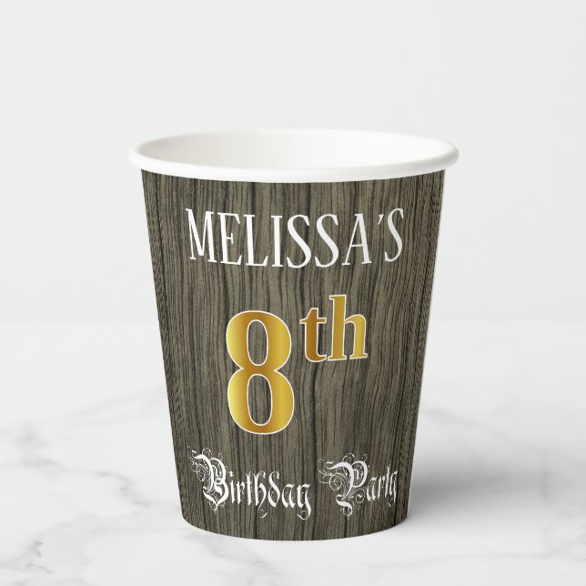 8th Birthday Party — Faux Gold & Faux Wood Looks Paper Cups (Back)