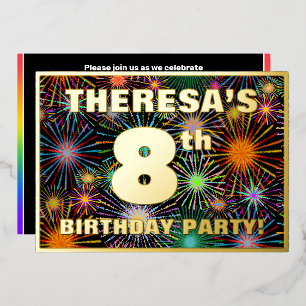 8th Birthday Party — Fun, Colorful Fireworks Look Foil Invitation