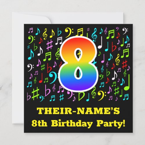 8th Birthday Party Fun Music Symbols Rainbow 8 Invitation