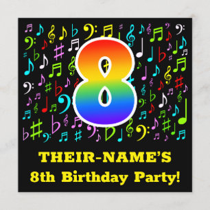 8th Birthday Party: Fun Music Symbols, Rainbow 8 Invitation