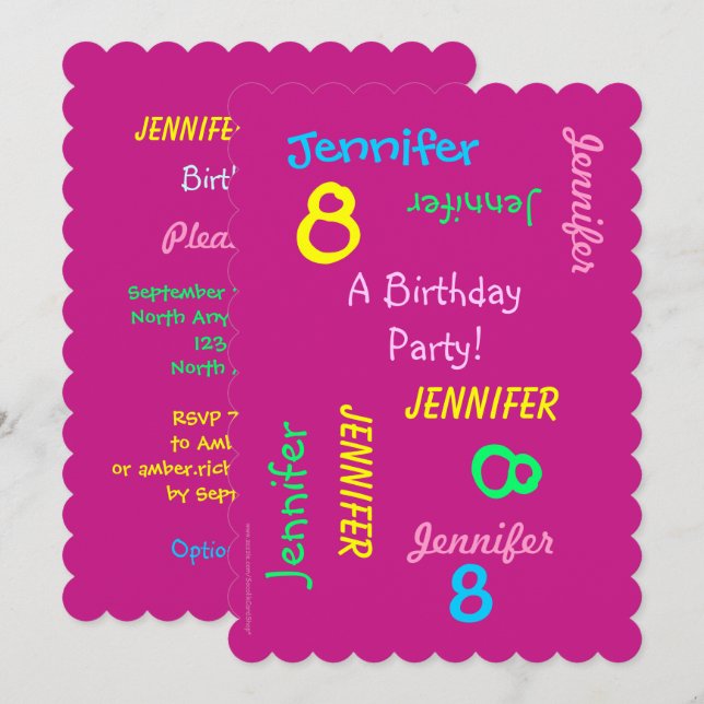 8th Birthday Party Invitation Hot Pink, Names (Front/Back)