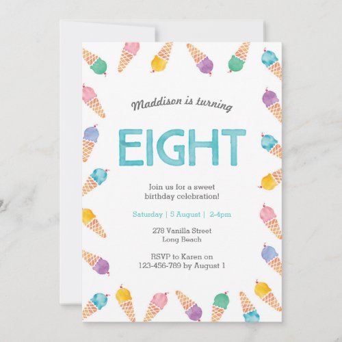 8th Birthday Party  Rainbow Ice cream invitation