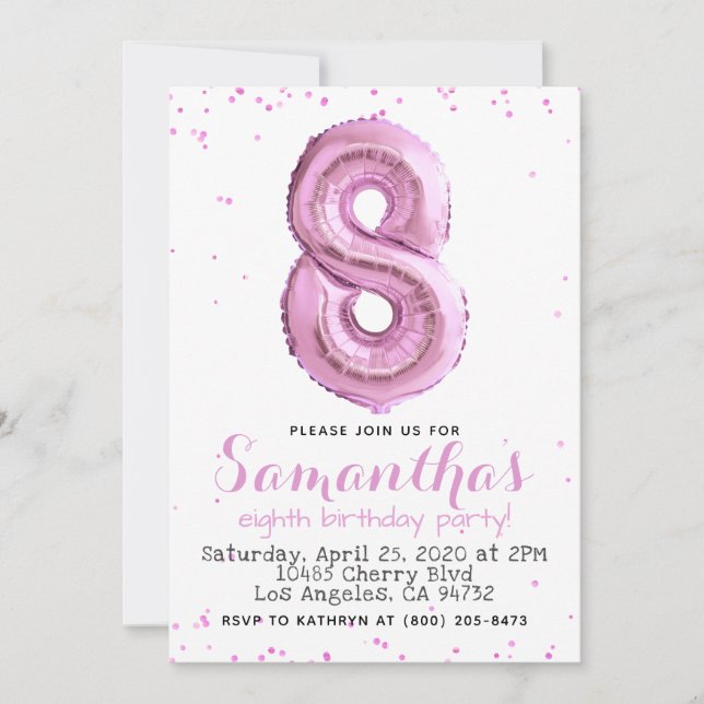 8th Birthday Pastel Pink Balloon Invitation (Front)