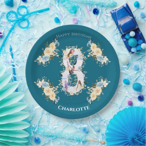 8th Birthday Photo Collage Blue Yellow Flower Teal Paper Plates