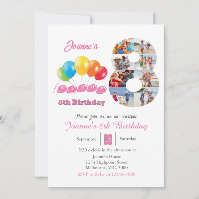 8th birthday photo collage number 8 Girl  Invitation (Front)