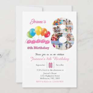8th birthday photo collage number 8 Girl Invitation