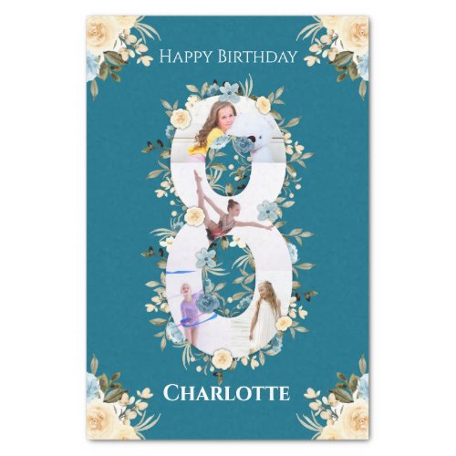 8th Birthday Photo Collage Teal Blue Yellow Flower Tissue Paper