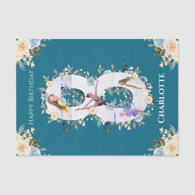 8th Birthday Photo Collage Teal Blue Yellow Flower Tissue Paper (Front)