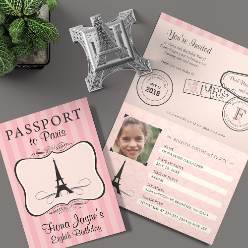 8th Birthday Pink Paris Passport Invitation