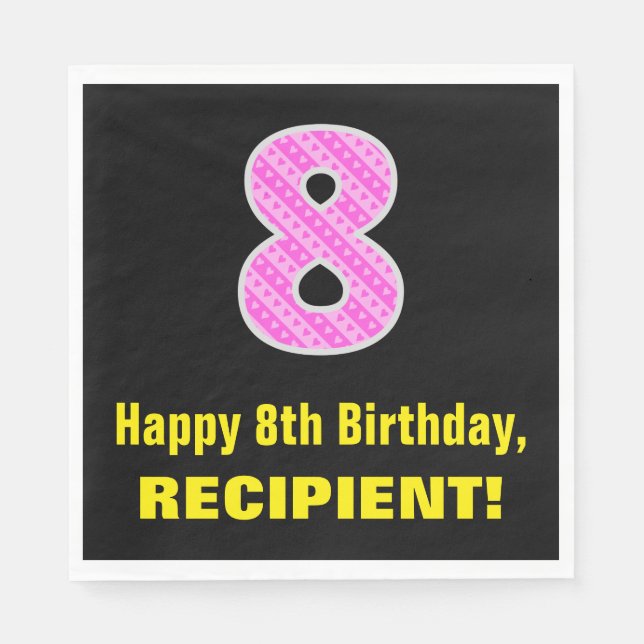 8th Birthday: Pink Stripes and Hearts "8" + Name Napkins (Front)