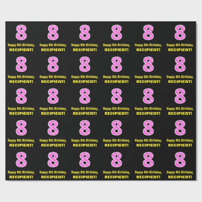 8th Birthday: Pink Stripes and Hearts "8" + Name Wrapping Paper (Flat)