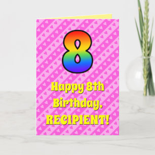 8th Birthday: Pink Stripes & Hearts, Rainbow # 8 Card