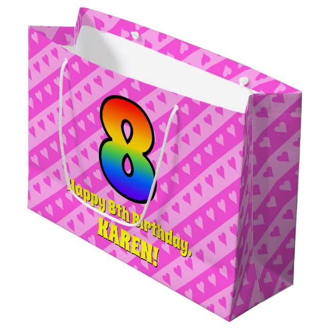 8th Birthday: Pink Stripes & Hearts, Rainbow # 8 Large Gift Bag (Front Angled)