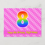 [ Thumbnail: 8th Birthday: Pink Stripes & Hearts, Rainbow 8 Postcard ]