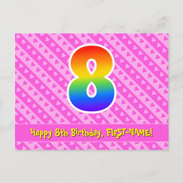 8th Birthday: Pink Stripes & Hearts, Rainbow 8 Postcard (Front)