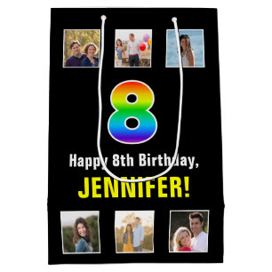 8th Birthday: Rainbow “8“, Custom Photos & Name Medium Gift Bag