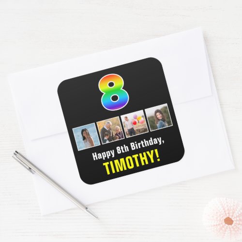 8th Birthday Rainbow 8 Custom Photos  Name Square Sticker