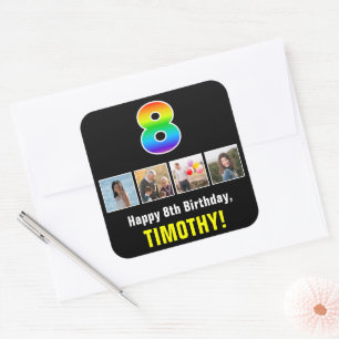 8th Birthday: Rainbow “8”; Custom Photos & Name Square Sticker
