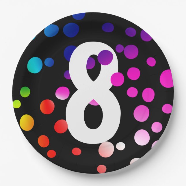 8th Birthday Rainbow Dots  Paper Plates (Front)