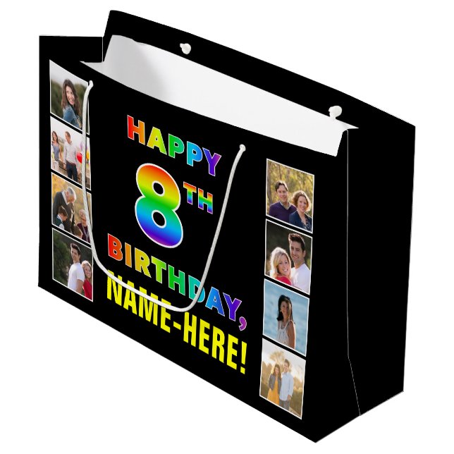 8th Birthday: Rainbow Text, Custom Photos & Name Large Gift Bag (Front Angled)
