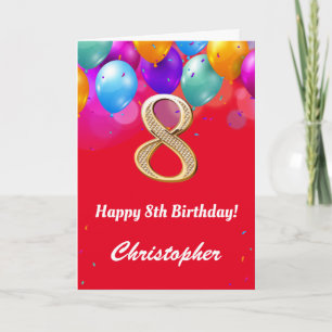 8th Birthday Red and Gold Colorful Balloons Card