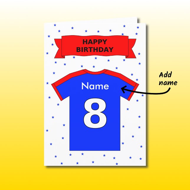 8th birthday red blue t-shirt add a name card (Creator Uploaded)