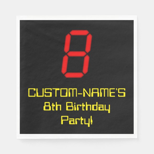 8th Birthday: Red Digital Clock Style "8" + Name Napkins (Front)