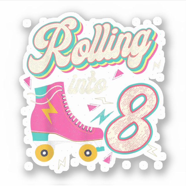 8th Birthday Roller Skates Rolling Into 8 Years Ol Sticker (Front)