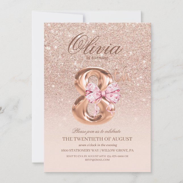 8th Birthday Rose Pink Gold  Bow Birthday Party  Invitation (Front)