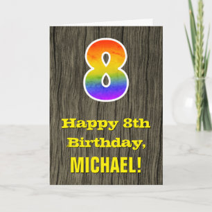 8th Birthday: Rustic Faux Wood Look, Rainbow "8" Card