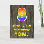 [ Thumbnail: 8th Birthday: Rustic Faux Wood Look, Rainbow "8" Card ]