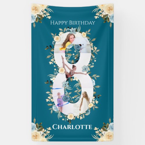8th Birthday Teal Flower Photo Collage Blue Yellow Banner